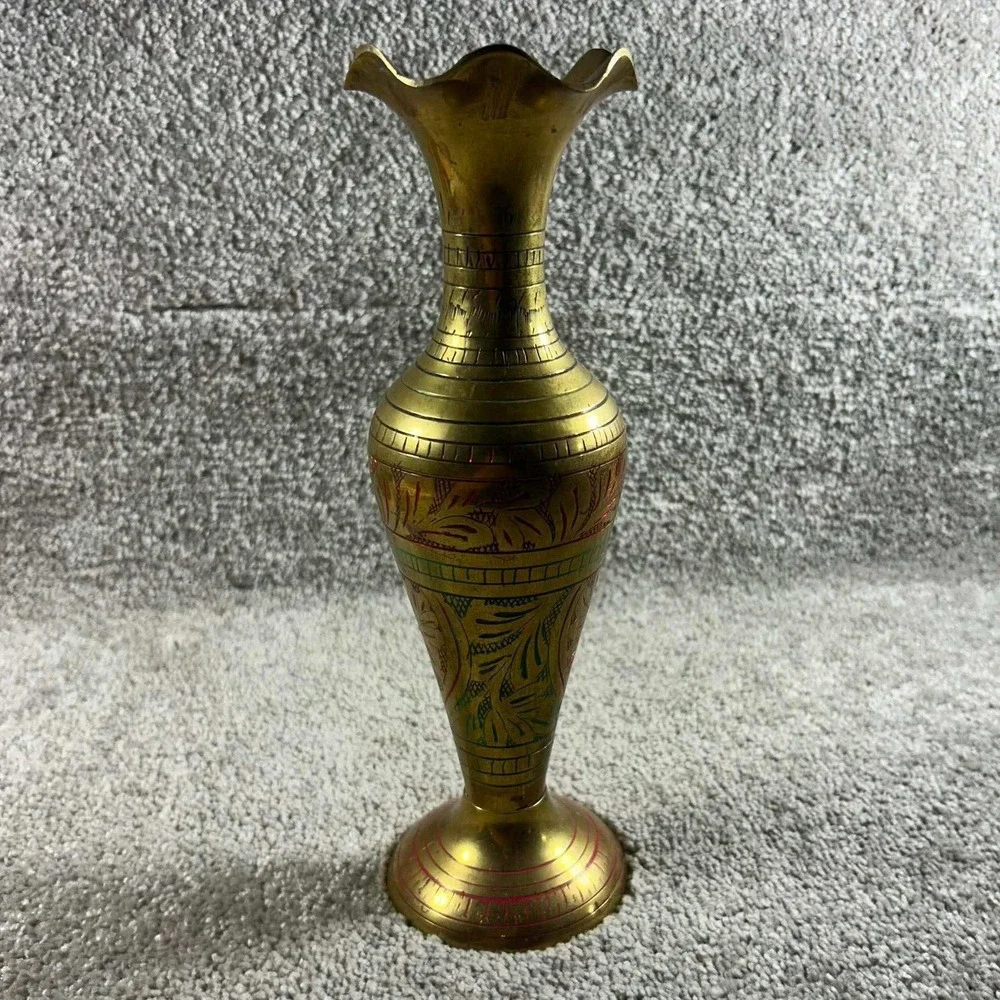 Vintage Brass Bud Vase Etched Floral Enamel Scalloped Rim Decor